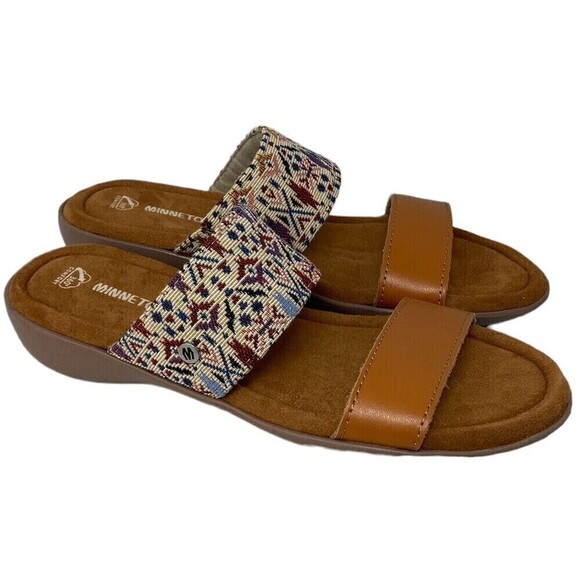 Minnetonka Sabina Women's Size 8 M Slide Sandals Shoes Tan Multicolor - Picture 1 of 11
